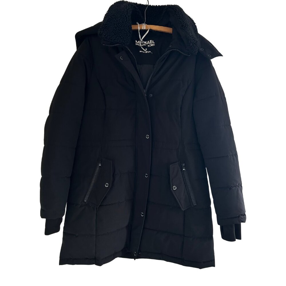 Michael by Michael Kors Zip Black Puffer Hooded Faux Fur Jacket Black Medium